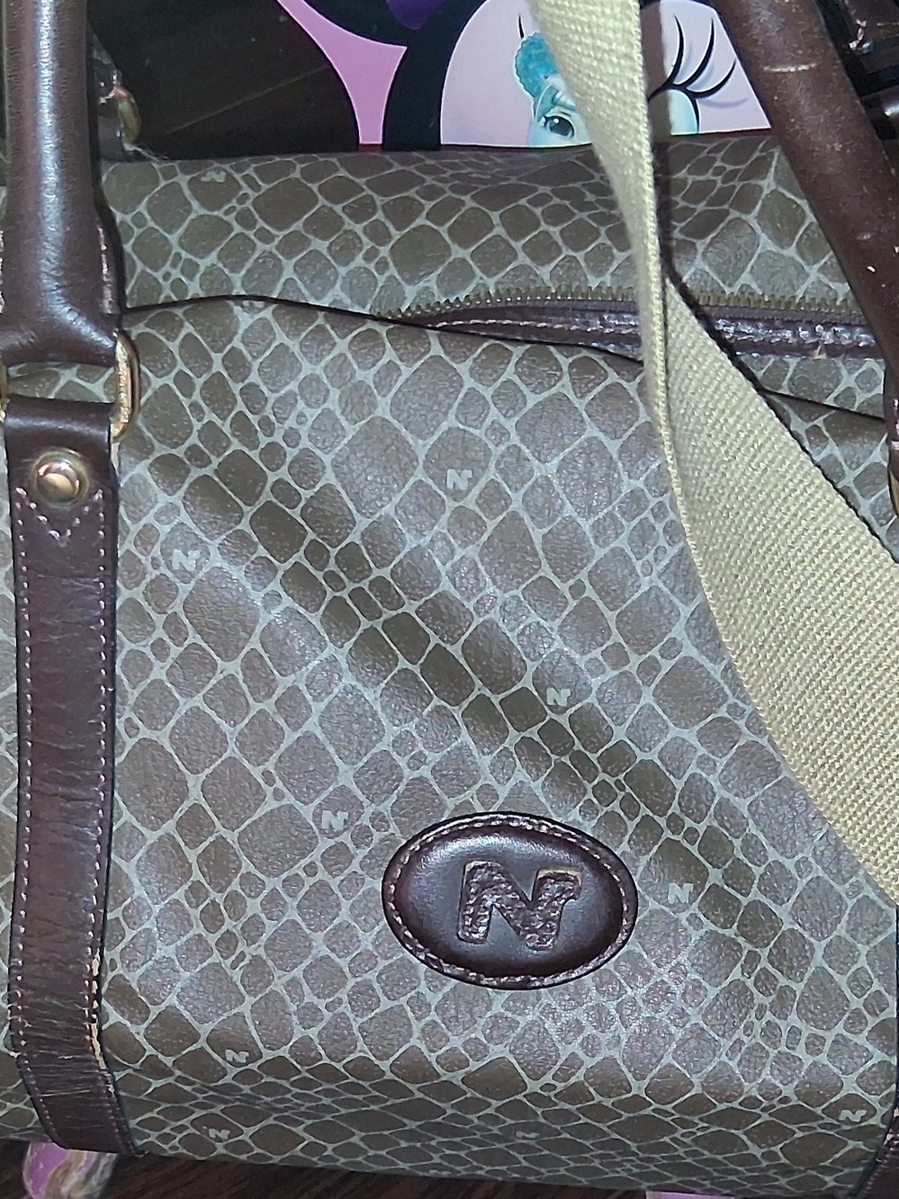 Nina Ricci Brown Tan Patterned Travel Bag with Leather Trim
